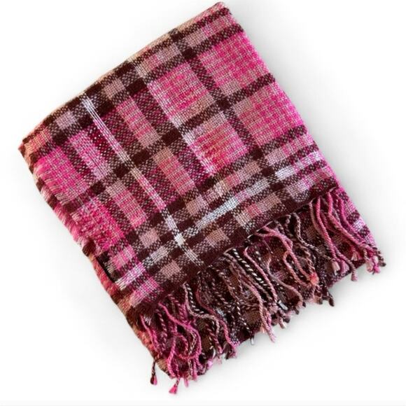 NEW Madewell Gauzy Plaid Scarf Azalea Pink Oversized Fringe Acrylic Wool Blend - Picture 2 of 8